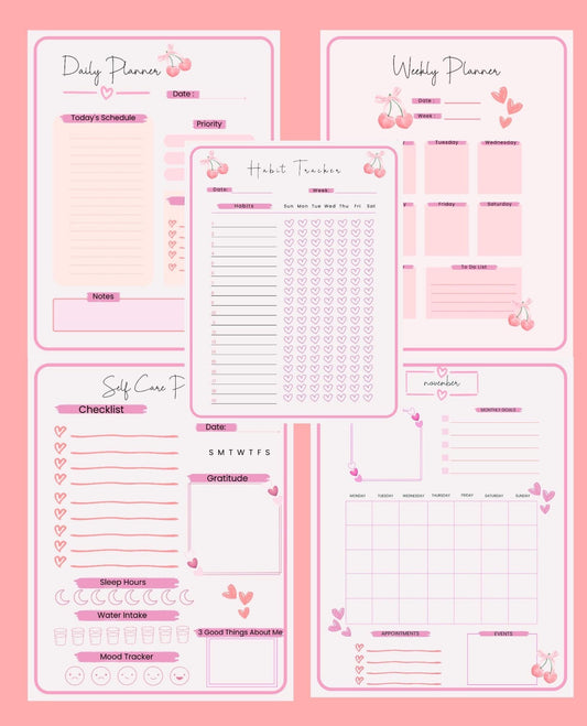 Coquette Pink Cherry Hearts Printable Planner Daily, Weekly, Monthly, Habit Tracker, and Self Care