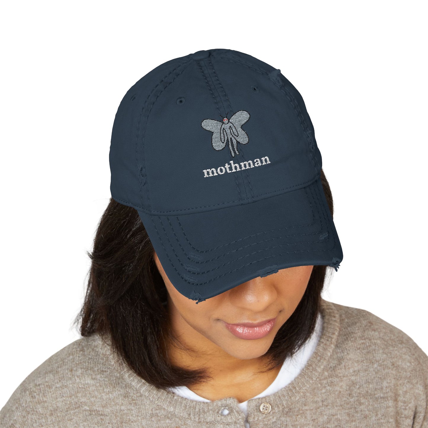 Mothman Doodle Embroidered Distressed Dad Hat