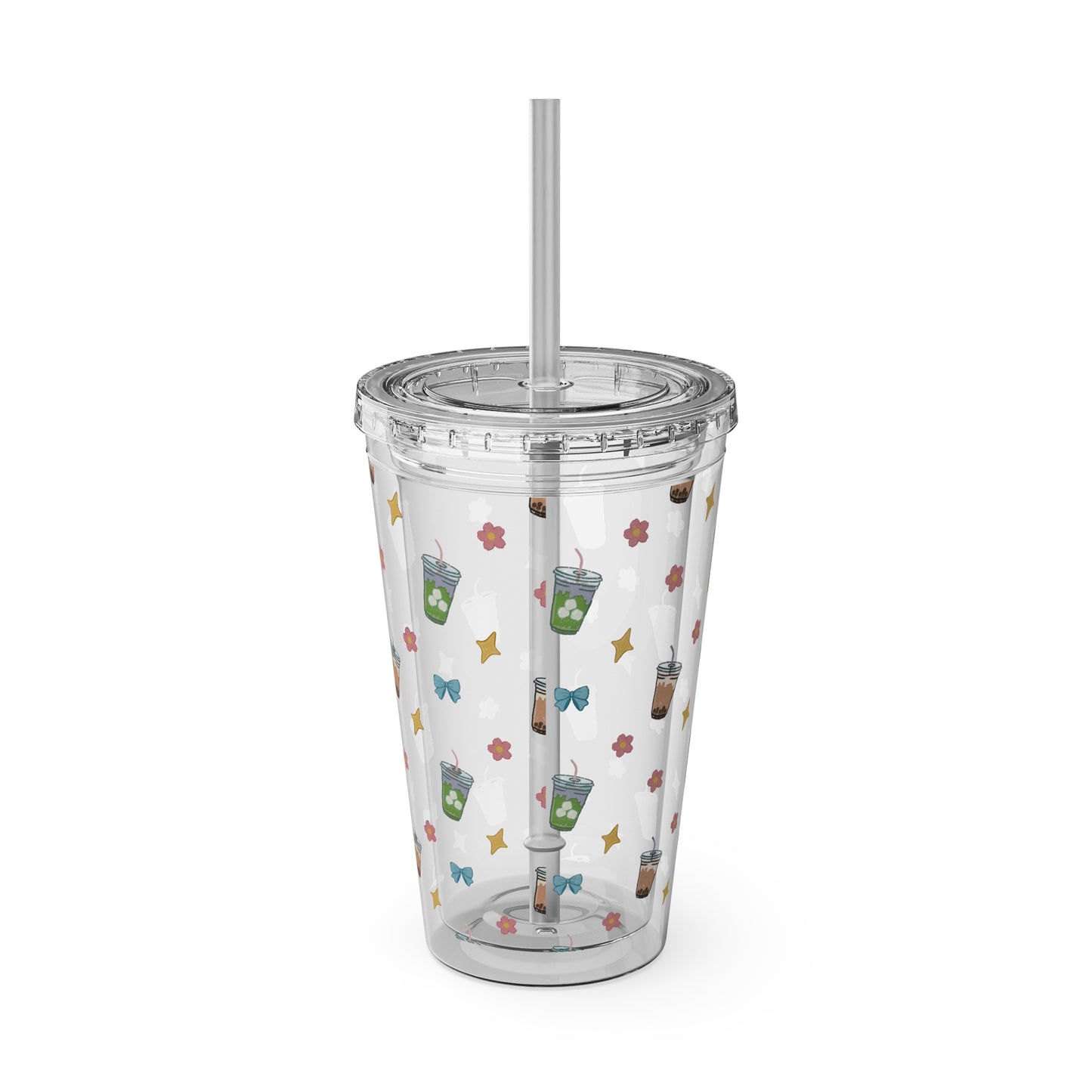 16oz Clear Tumbler with Straw Cute Bubble Tea & Iced Matcha Pattern