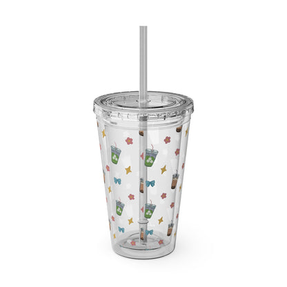 16oz Clear Tumbler with Straw Cute Bubble Tea & Iced Matcha Pattern