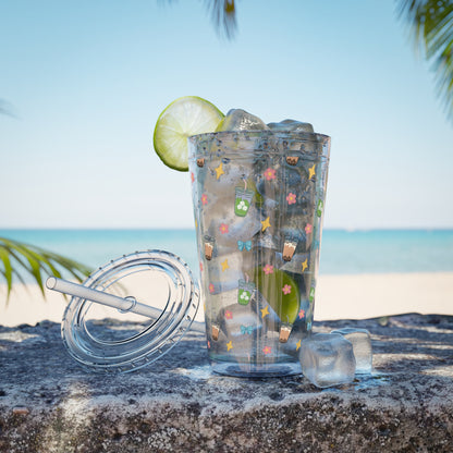 16oz Clear Tumbler with Straw Cute Bubble Tea & Iced Matcha Pattern