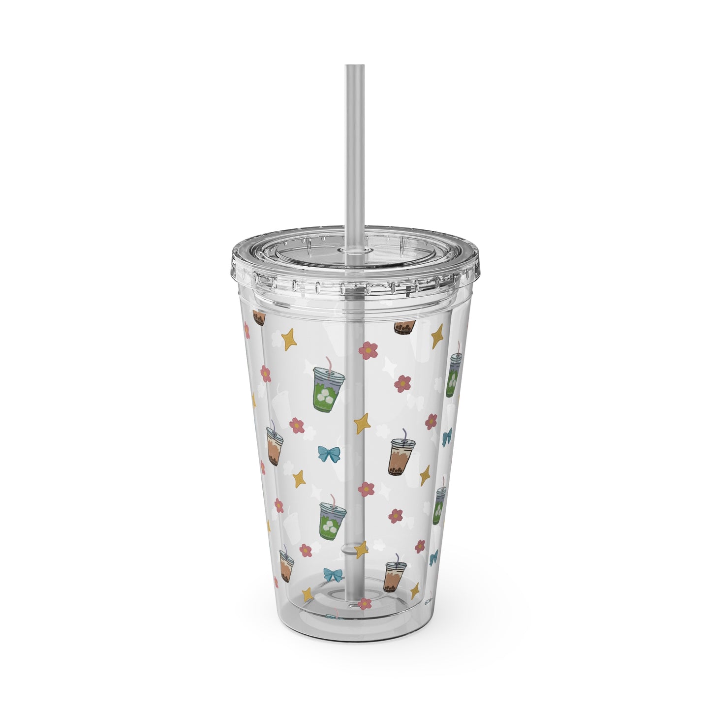 16oz Clear Tumbler with Straw Cute Bubble Tea & Iced Matcha Pattern