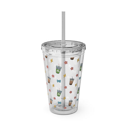 16oz Clear Tumbler with Straw Cute Bubble Tea & Iced Matcha Pattern