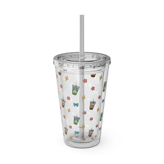 16oz Clear Tumbler with Straw Cute Bubble Tea & Iced Matcha Pattern
