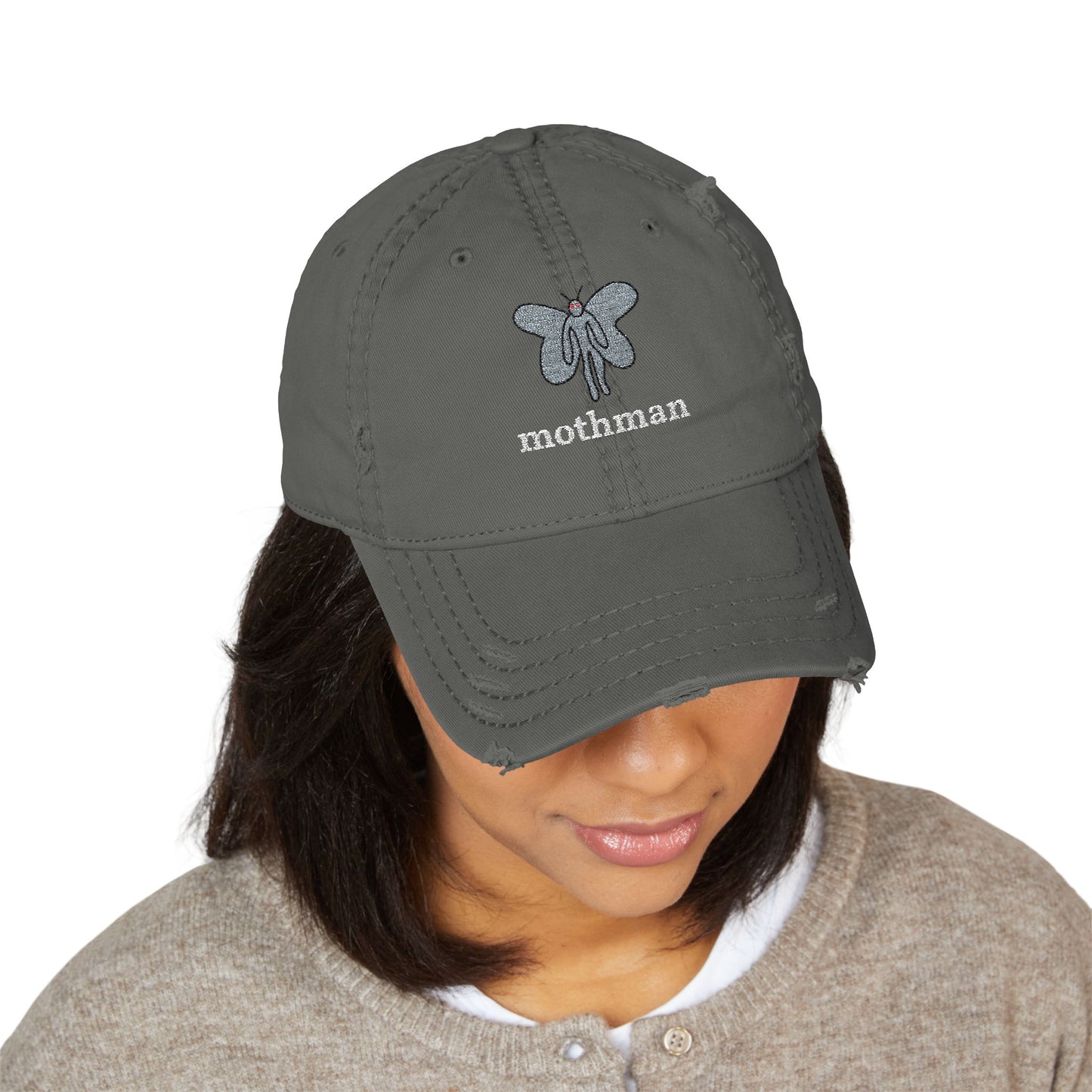 Mothman Doodle Embroidered Distressed Dad Hat