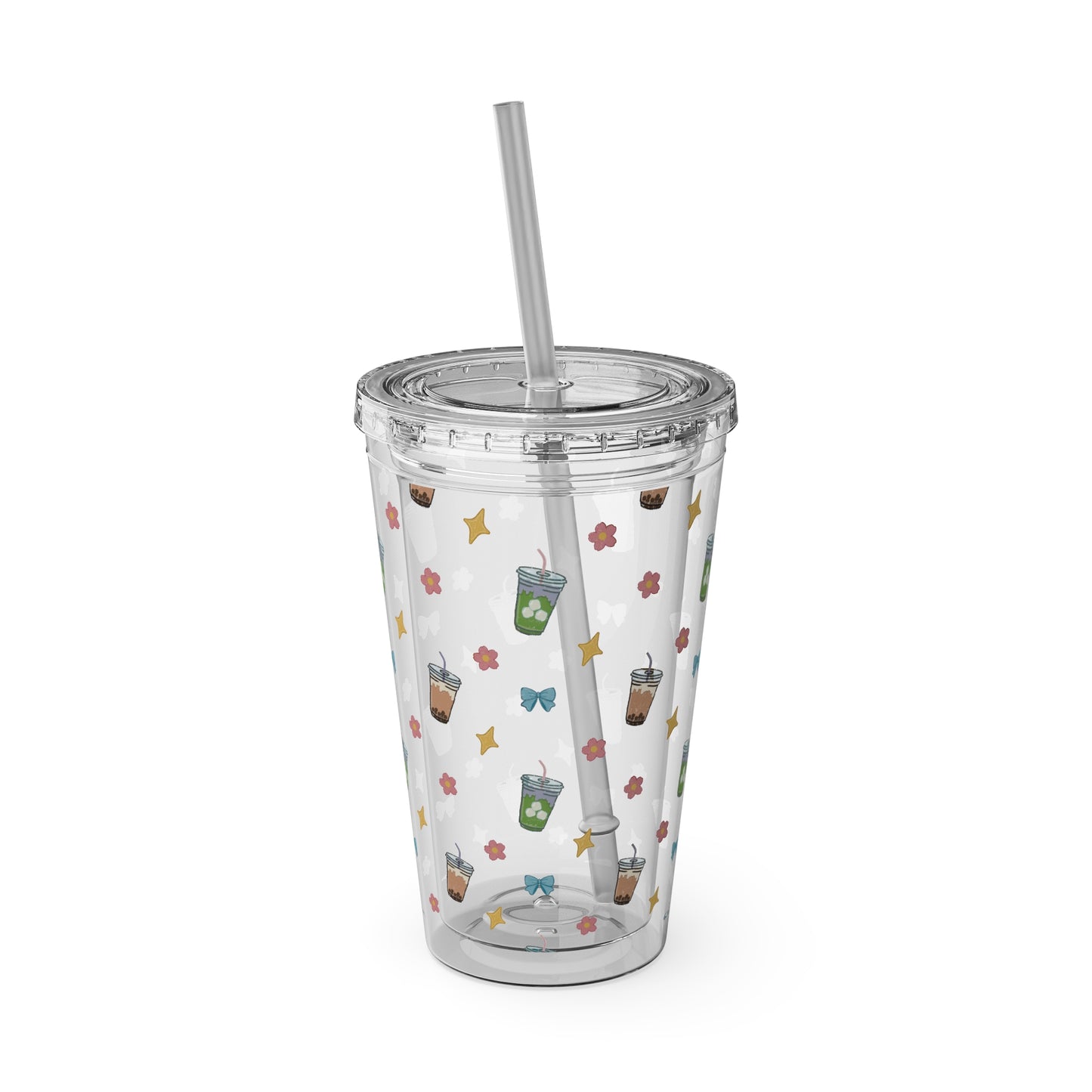 16oz Clear Tumbler with Straw Cute Bubble Tea & Iced Matcha Pattern