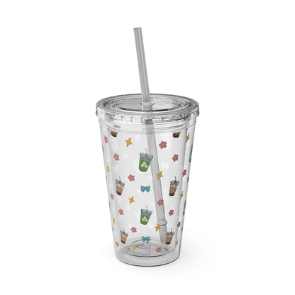 16oz Clear Tumbler with Straw Cute Bubble Tea & Iced Matcha Pattern