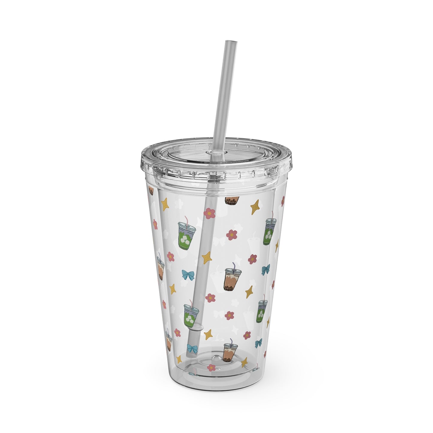 16oz Clear Tumbler with Straw Cute Bubble Tea & Iced Matcha Pattern