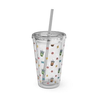 16oz Clear Tumbler with Straw Cute Bubble Tea & Iced Matcha Pattern
