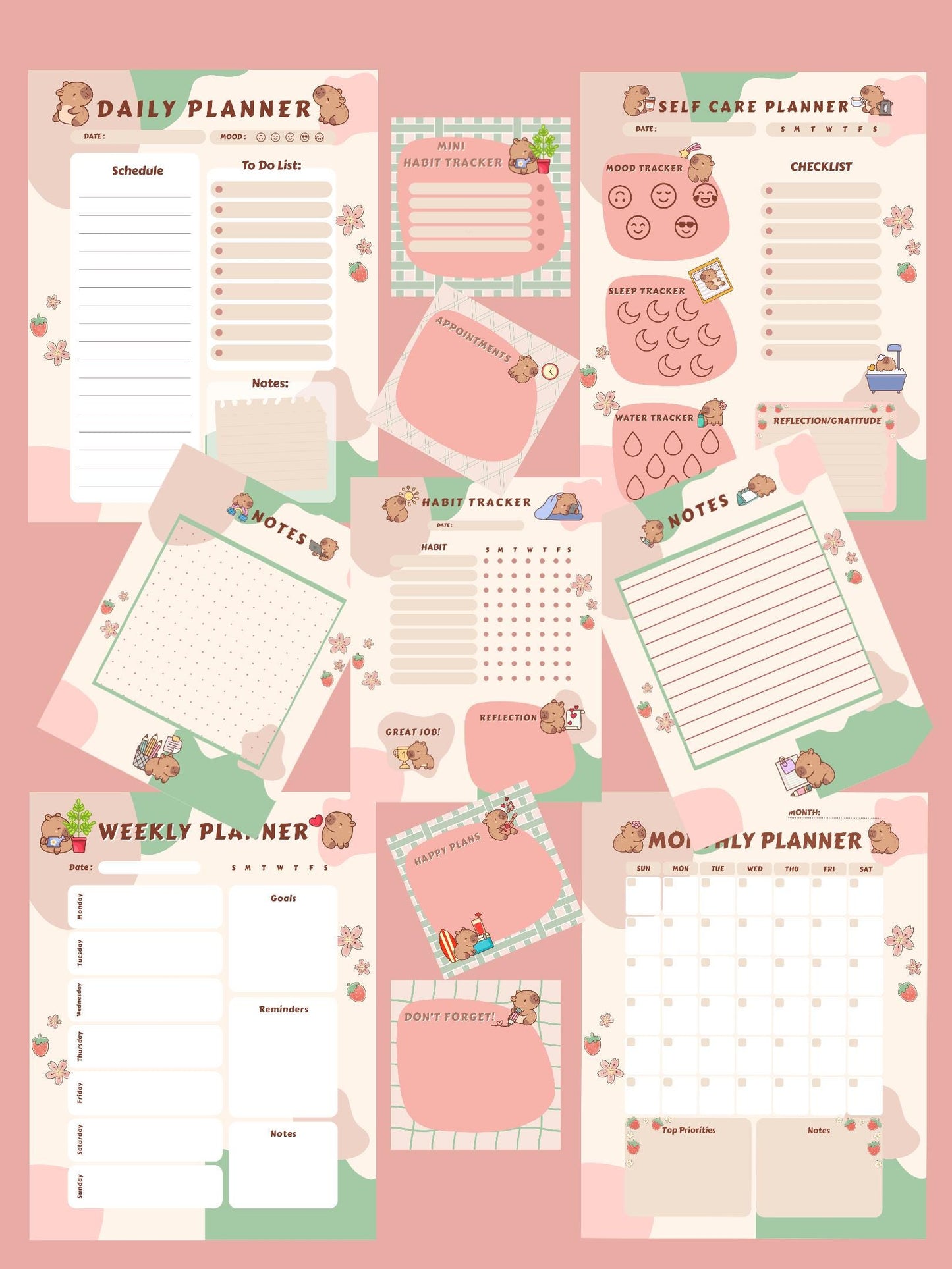 Kawaii Capybara Planner Printable: Daily, Weekly, Monthly, Habit Tracker (PDF Download Kit)