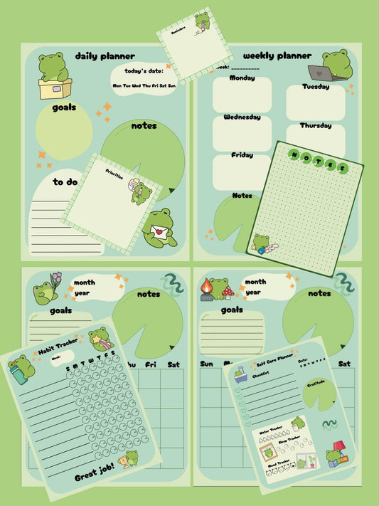 Kawaii Frog Planner Printable: Daily, Weekly, Monthly, Habit Tracker (PDF Download)